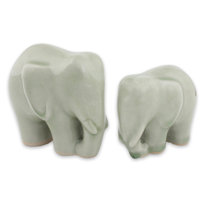 Light Green Celadon Ceramic Figurines of Elephants (Pair)