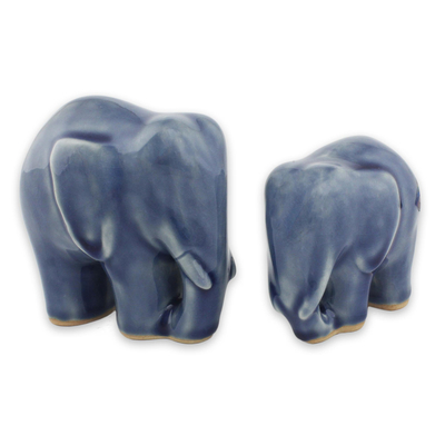 Handmade Blue Celadon Ceramic Elephant Figurines (Pair)
