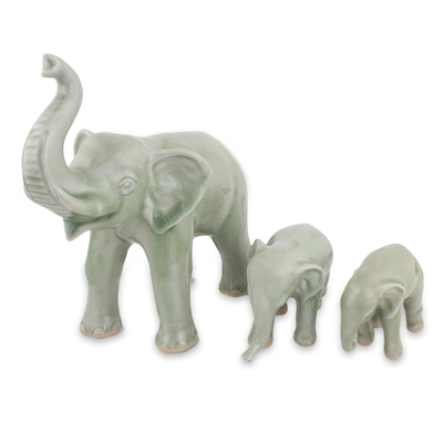 Celadon Elephant and Babies Ceramic Statuettes (Set of 3)