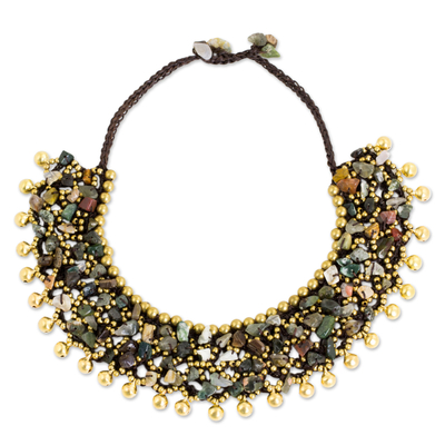Handmade Beaded Jasper and Brass Necklace with Bells