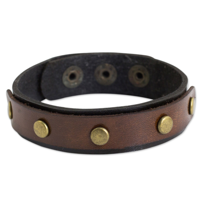 Brown and Black Leather Wristband Bracelet from Thailand
