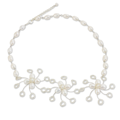 Thai Floral Handcrafted Necklace with White Cultured Pearls