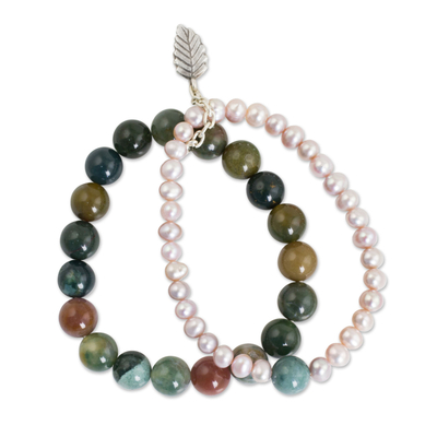 Thai Double Strand Stretch Bracelet with Pearls and Jasper