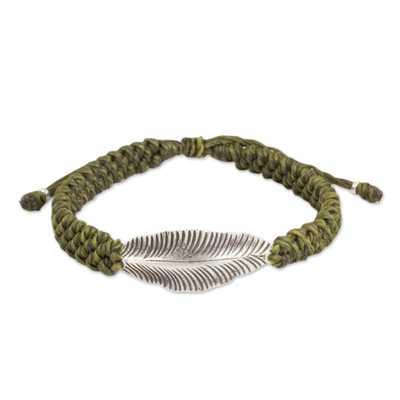 Green Wristband Bracelet with Silver Hill Tribe Leaf