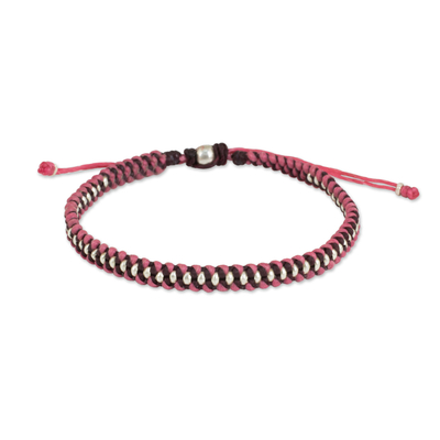 Pink and Maroon Wristband Bracelet with Silver Beads