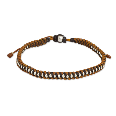 Silver Beads on Brown and Tan Wristband Bracelet