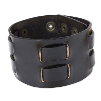Black Leather Wristband Bracelet for Men Artisan Jewelry