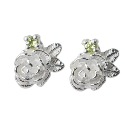 Thailand Artisan Crafted Floral Silver and Peridot Earrings
