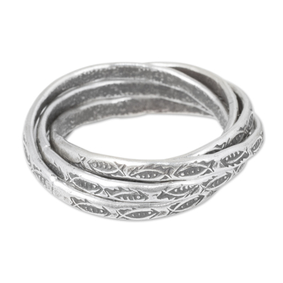 Five Interlinked Fish Theme Hill Tribe Silver Rings