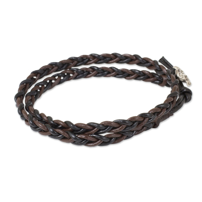 Hand Braided Silver Accent Brown and Black Leather Bracelet
