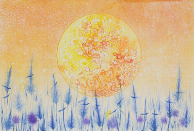Watercolor Monoprint of Blood Moon and Blue Grass