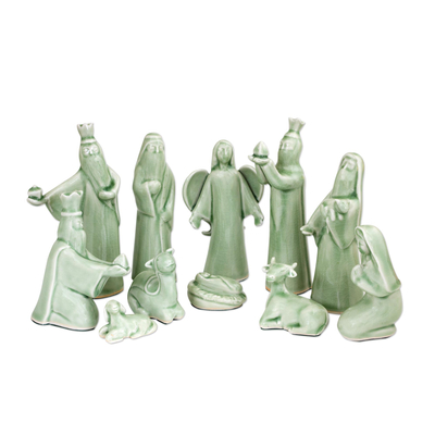 11-Piece Handcrafted Thai Celadon Ceramic Nativity Scene