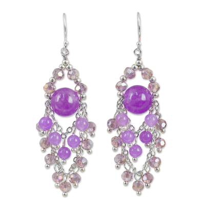 Purple Beaded Chandelier Earrings with Quartz and Glass