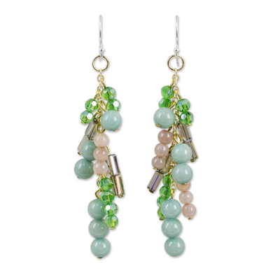 Quartz and Glass Bead Waterfall Earrings in Green Shades