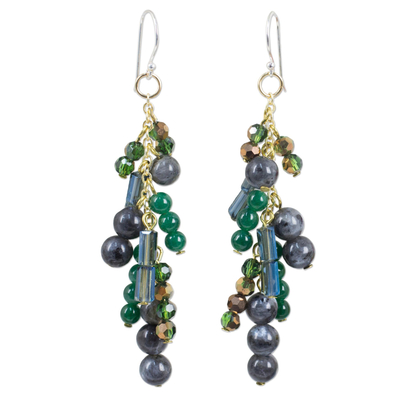 Waterfall Style Earrings with Labradorite and Quartz Beads