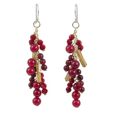 Beaded Red Quartz Earrings on 24k Gold Plated Chains