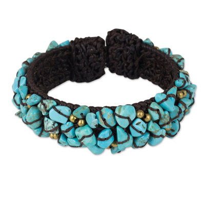 Turquoise Color Bead Bracelet on Brown Crocheted Cords