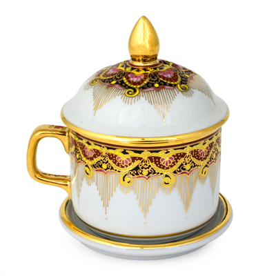 Benjarong White Elephant Teacup and Lid with Gold Paint