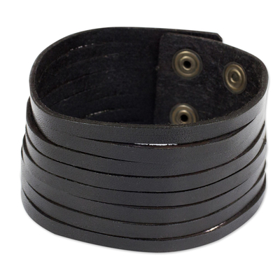 Black Leather Wristband Bracelet for Men from Thai Artisan