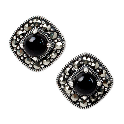 Vintage Style Onyx and Marcasite 925 Silver Button Earrings