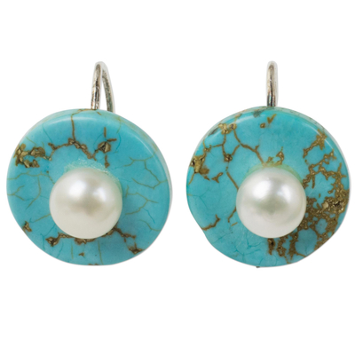 Turquoise Color Calcite Earrings with Cultured Pearls