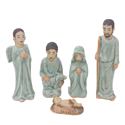 Hand Crafted Celadon Ceramic Nativity Statuettes (set of 5)