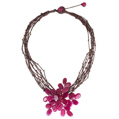 Flower Necklace with Dyed Pink Quartz and Brown Cords