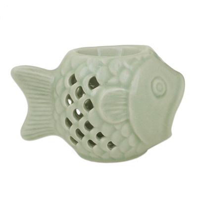 Handcrafted Ceramic Clay Oil Warmer Green Fish from Thailand