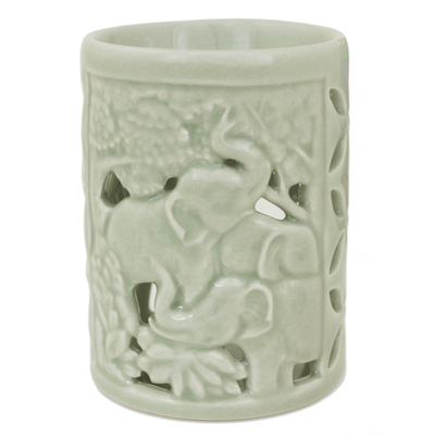 Hand Crafted Ceramic Clay Oil Warmer Thai Green Elephants