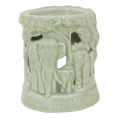 Green Ceramic Clay Oil Warmer Handcrafted Thailand Elephants