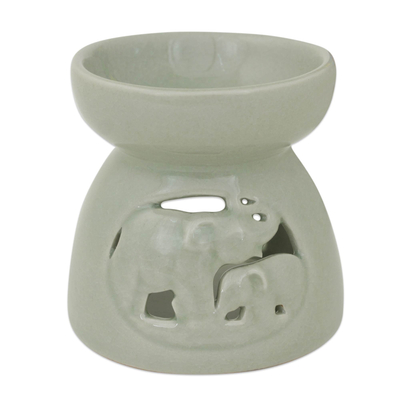 Thailand Elephants Handmade Green Ceramic Clay Oil Warmer