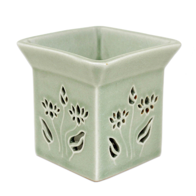 Floral Ceramic Clay Tealight Oil Warmer Handcrafted Thailand