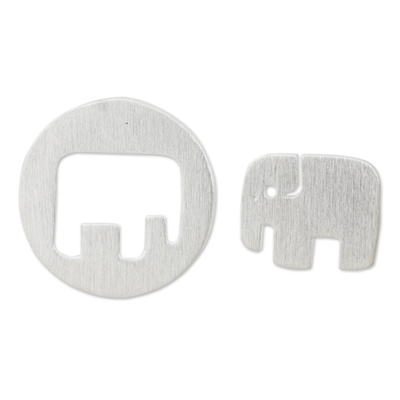 Elephant Theme Button Earrings in Brushed Sterling Silver