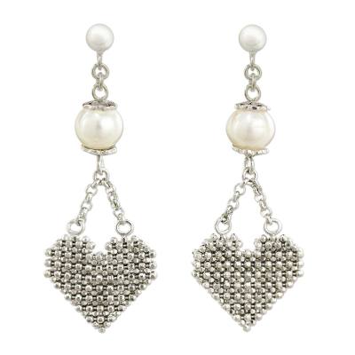Sterling Silver Heart Earrings with Pearls Thai Jewelry