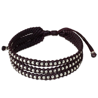Artisan Crafted Maroon Wristband Bracelet with Silver Beads