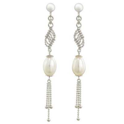 Thai Earrings with Sterling Silver Chain and Pearls