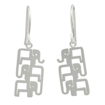 Brushed Sterling Silver Three-Elephant Dangle Earrings