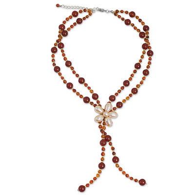 Carnelian and Pearl Beaded Choker with Floral Pendant