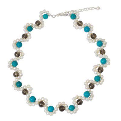 Cultured Pearl Necklace with Blue Calcite
