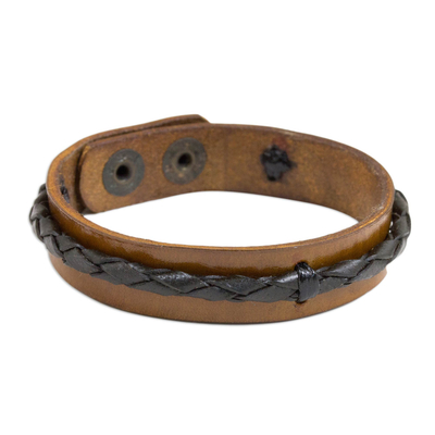 Artisan Crafted Black and Brown Leather Wristband Bracelet