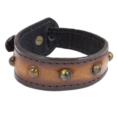 Handcrafted Brown Leather Wristband Bracelet with Tiger
