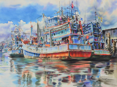 Painting of Thai Fishing Boats in Realistic Watercolors
