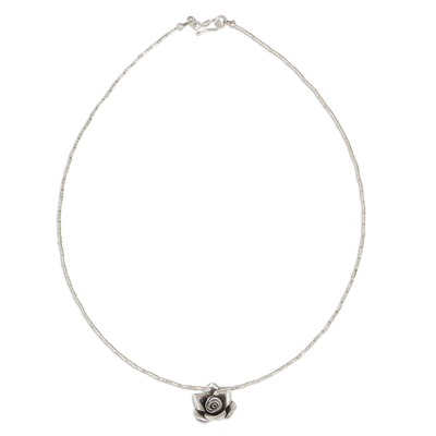 Hand Crafted Silver Necklace with Rose Pendant from Thailand