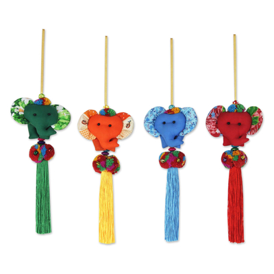 4 Artisan Crafted Multicolor Thai Cotton Elephant Ornaments