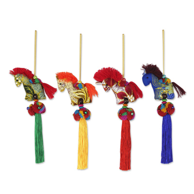 Artisan Crafted Multicolor Thai Cotton Horse Ornaments (4)