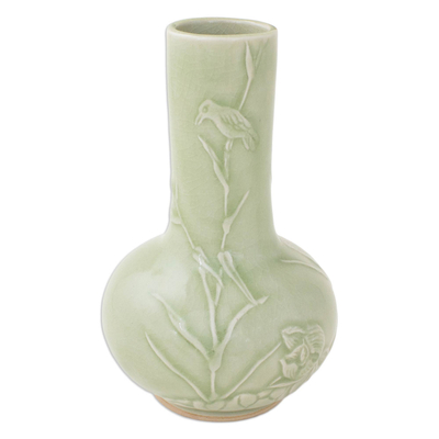 Thai Artisan Crafted Nature Inspired Ceramic Green Vase