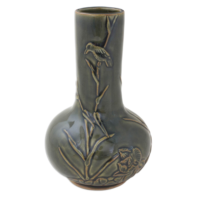 Handmade Green Ceramic Vase with Bird and Floral Motif