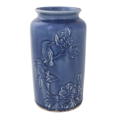 Thai Artisan Crafted Blue Ceramic Vase with Bird Motif