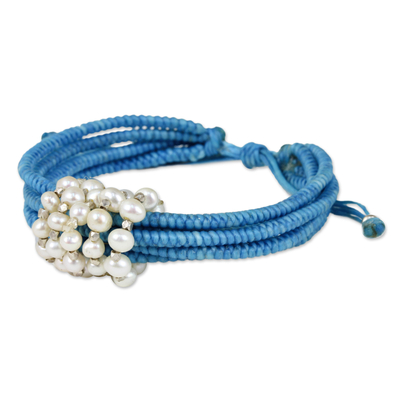 Sky Blue Cord Bracelet with Cultured Pearls from Thailand