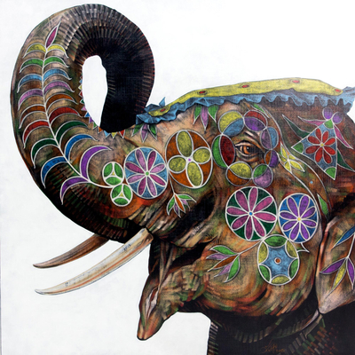 Original Acrylic Painting of Elephant with Pastel